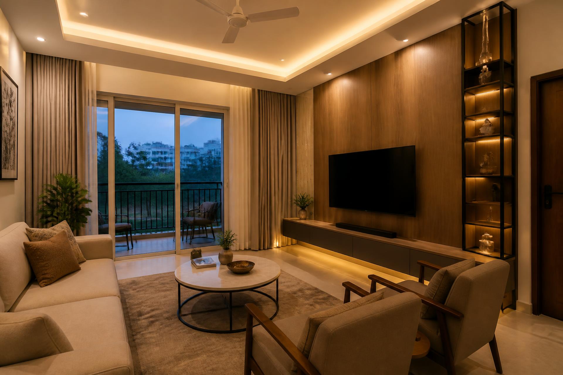 Modern living room interior with TV unit completed by SRR Contractors in Bengaluru